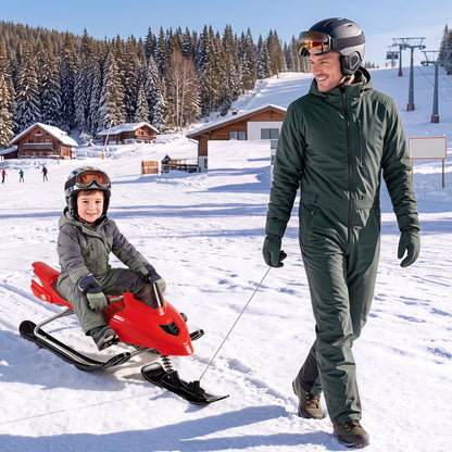 Snow racer sled with brakes and steering handle for kids in red on snowy slope on Tampa Home & Garden Store