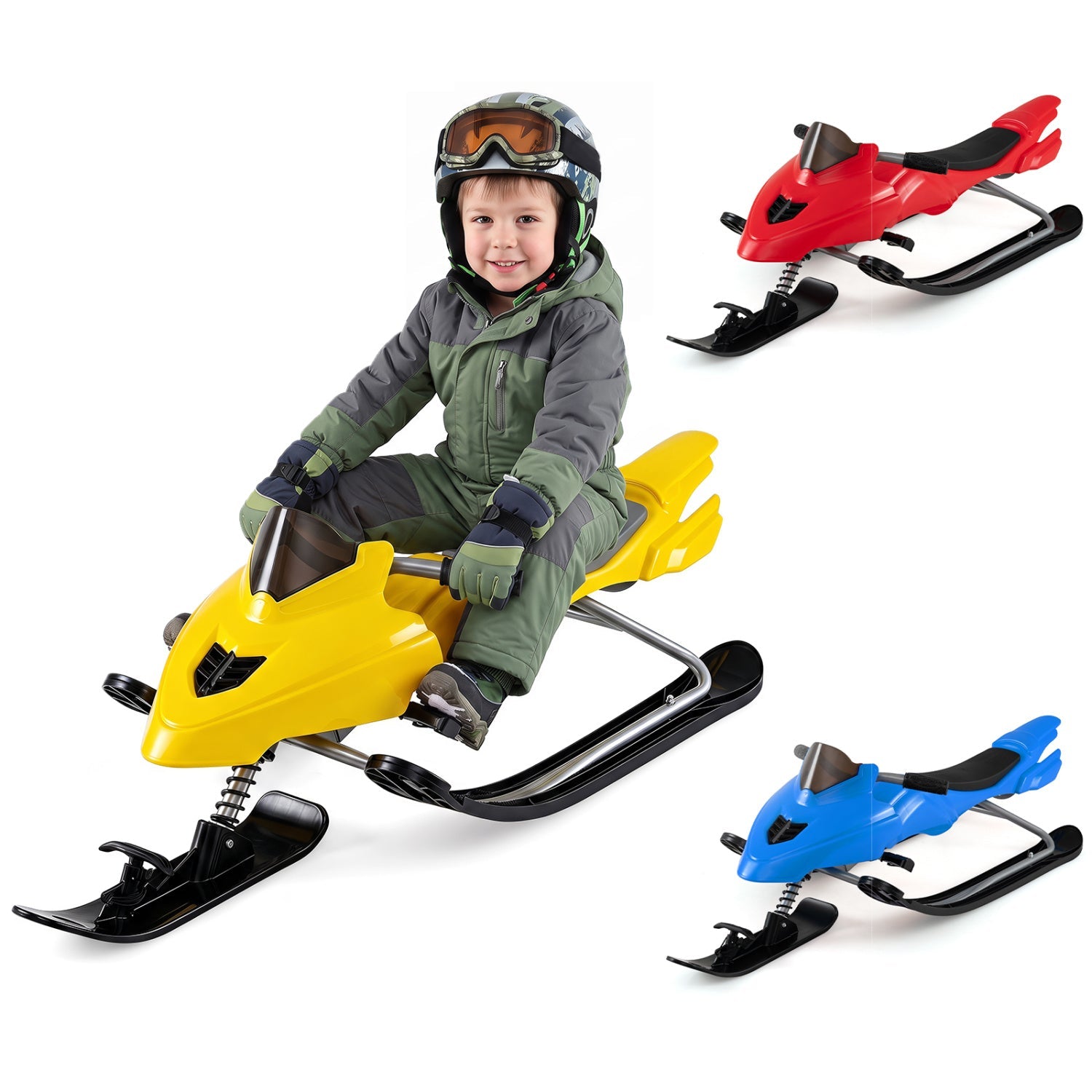 Snow Racer Sled with Brakes and Steering Handle for Kids by DirectDeals, yellow red blue on Tampa Home & Garden Store