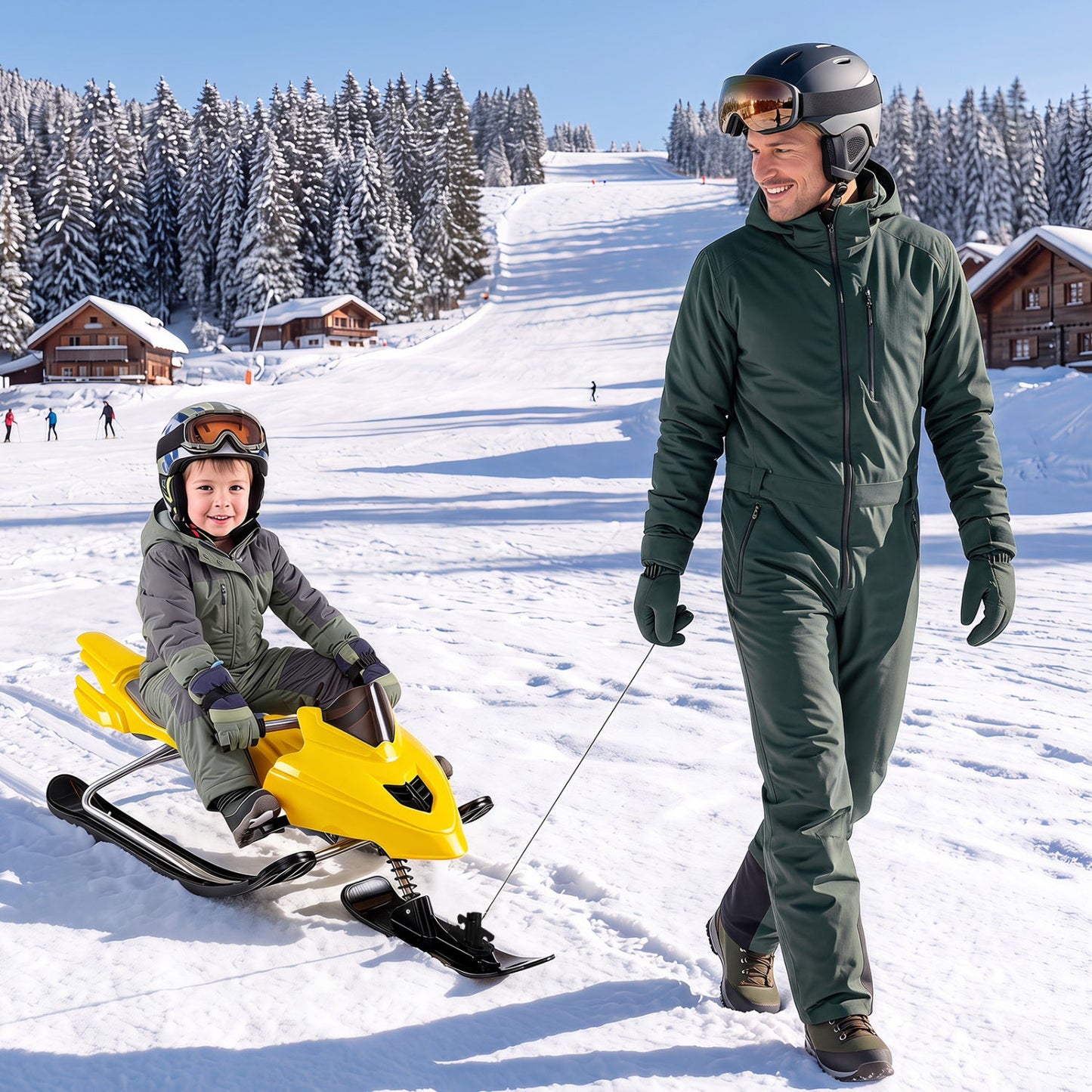 Snow Racer Sled for Kids by DirectDeals, yellow with brakes and steering handle on snowy hill on Tampa Home & Garden Store