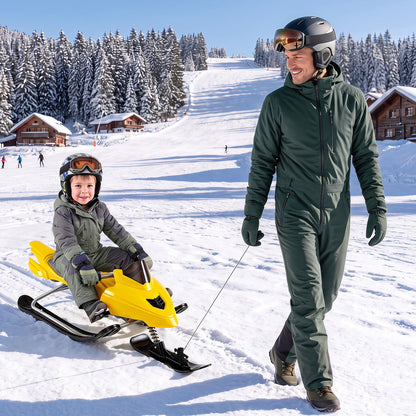 Snow Racer Sled for Kids by DirectDeals, yellow with brakes and steering handle on snowy hill on Tampa Home & Garden Store