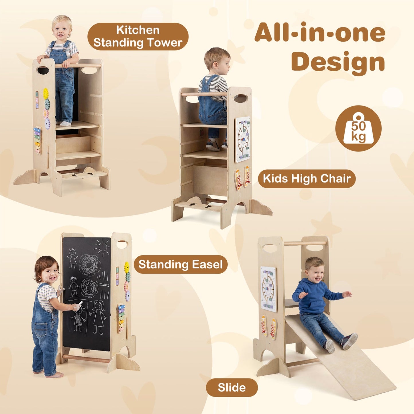 Kids Standing Tower with Detachable Chalkboard and Montessori Games for 3+ Years Old
