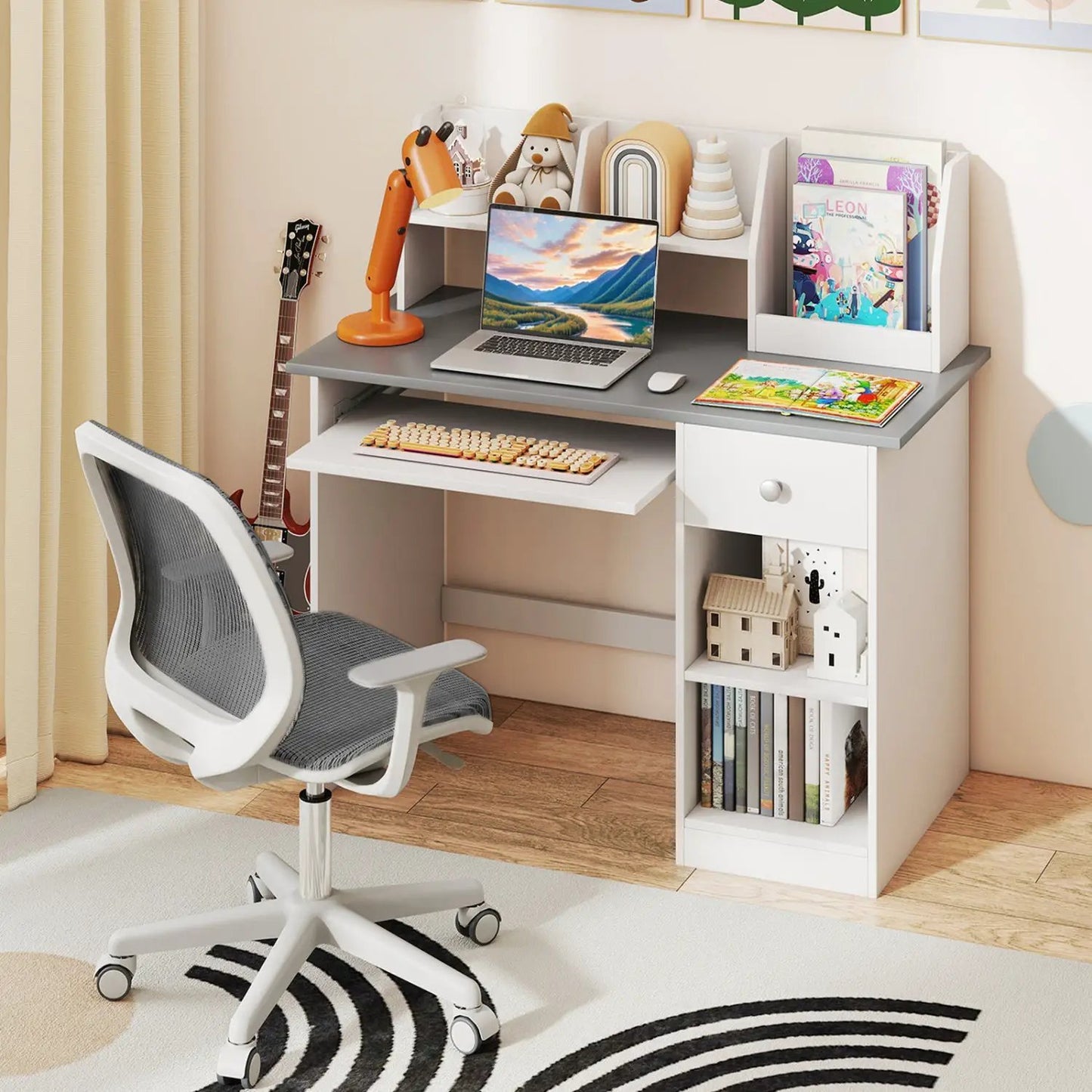 Kids Study Desk with Hutch and Shelves Drawer