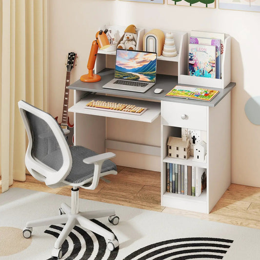Kids Study Desk with Hutch by DirectDeals, white frame and gray work surface with shelves on Tampa Home & Garden Store