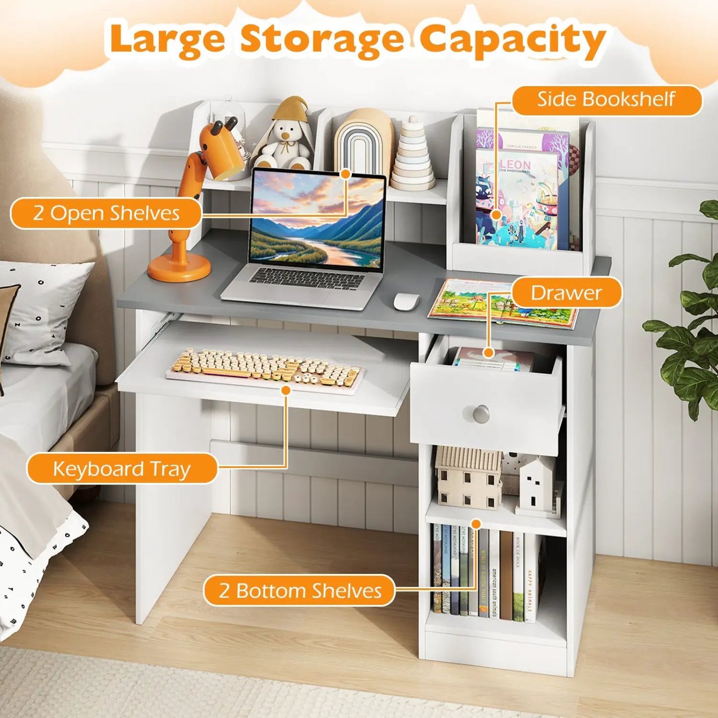 Kids Study Desk with Hutch and Shelves Drawer