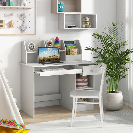 Kids Study Desk Children Writing Table with Hutch Drawer Shelves and Keyboard Tray-White - Tampa Home & Garden Store
