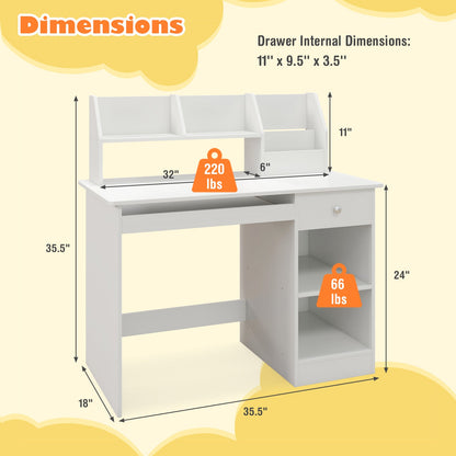 Kids Study Desk Children Writing Table with Hutch Drawer Shelves and Keyboard Tray-White