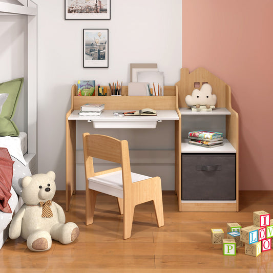 Kids Study Desk and Chair Set with Open Shelves Drawer and Fabric Storage Bin-Natural - Tampa Home & Garden Store