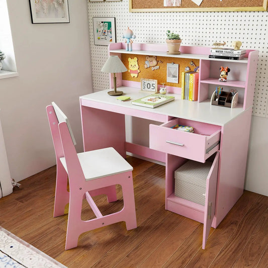 Kids study desk and chair set by DirectDeals in pink with top cork board, storage on Tampa Home & Garden Store