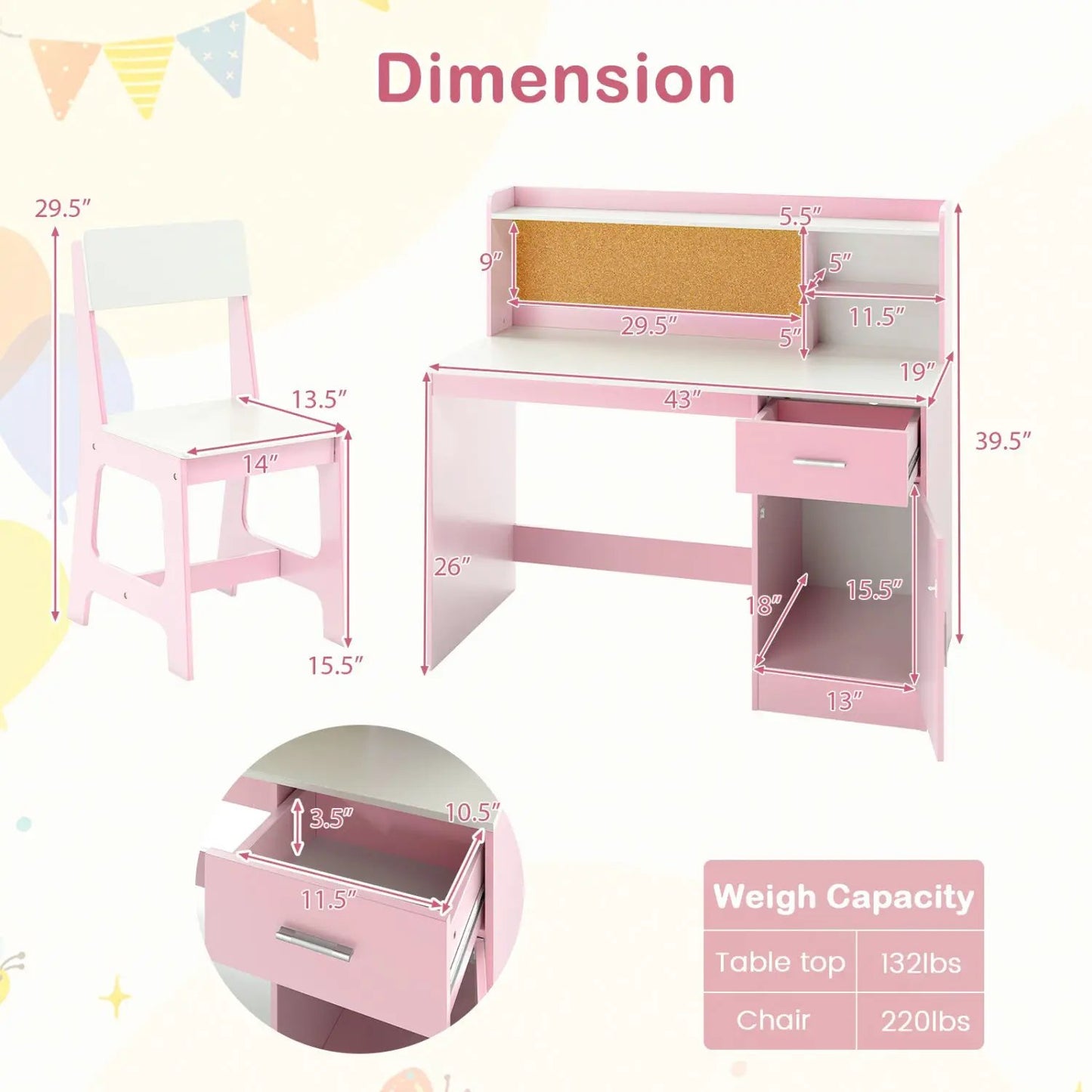 Kids Study Desk and Chair Set With Bulletin Board