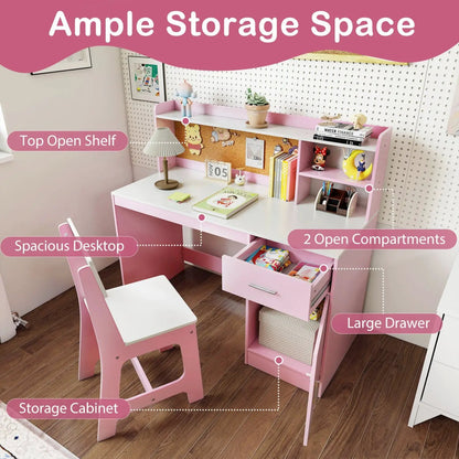 Kids Study Desk and Chair Set With Bulletin Board