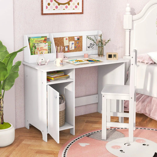 Kids study desk and chair set with white finish, corkboard storage cabinet DirectDeals on Tampa Home & Garden Store