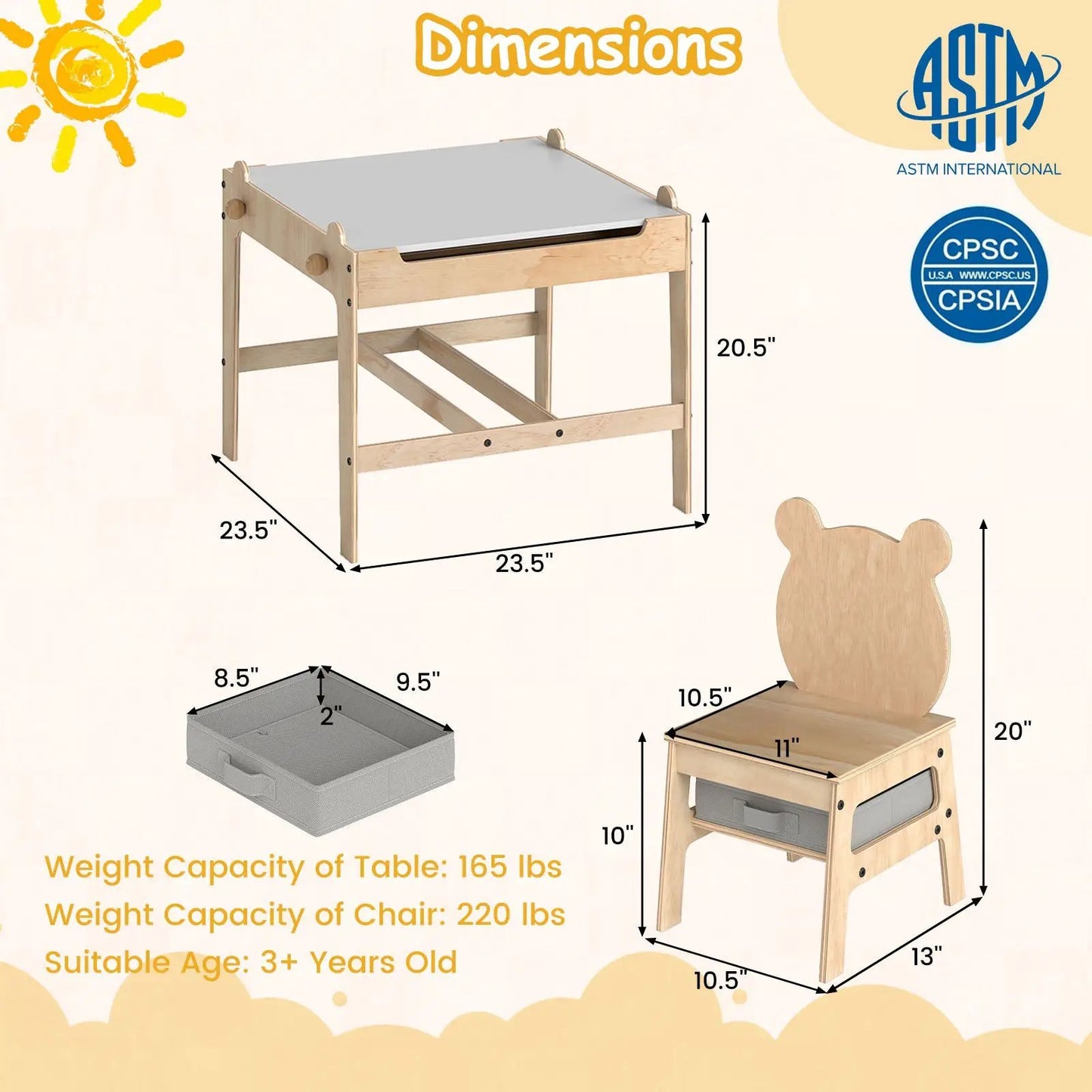 Kids Table and Chair Set Reversible Whiteboard