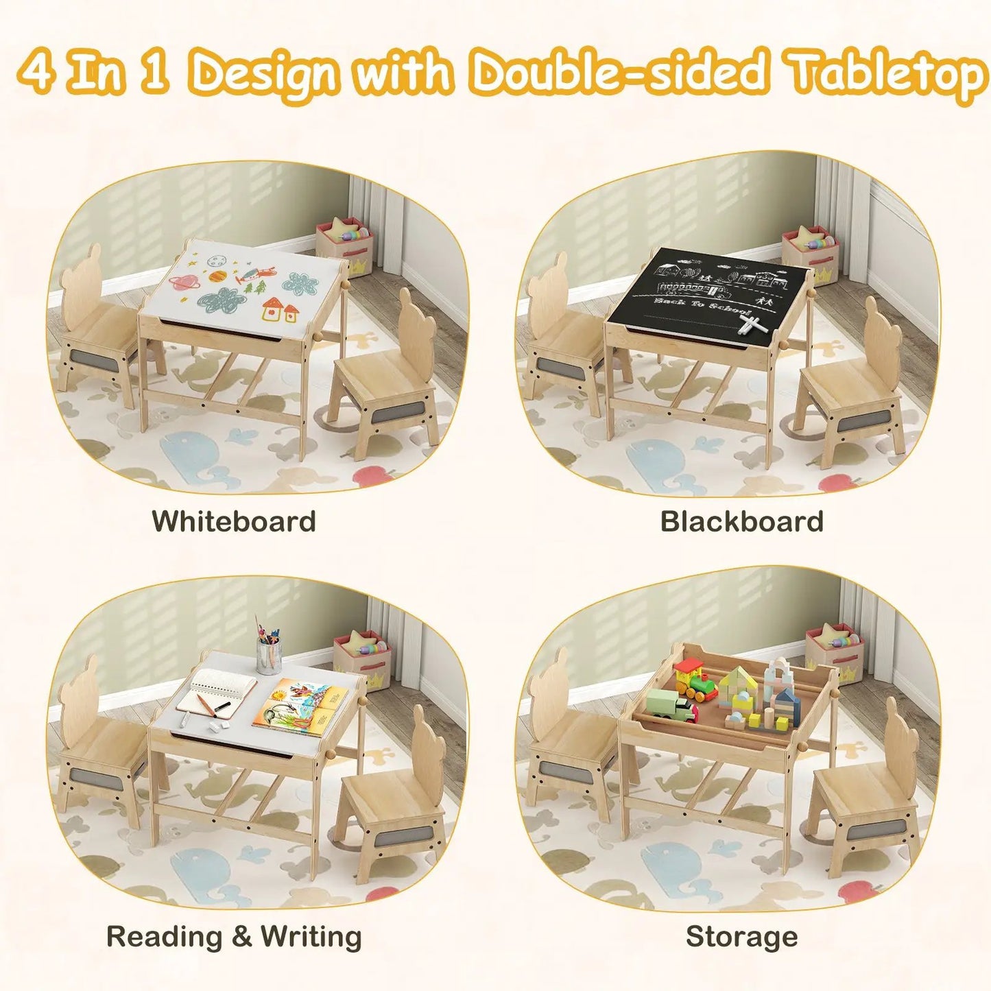 Kids Table and Chair Set Reversible Whiteboard