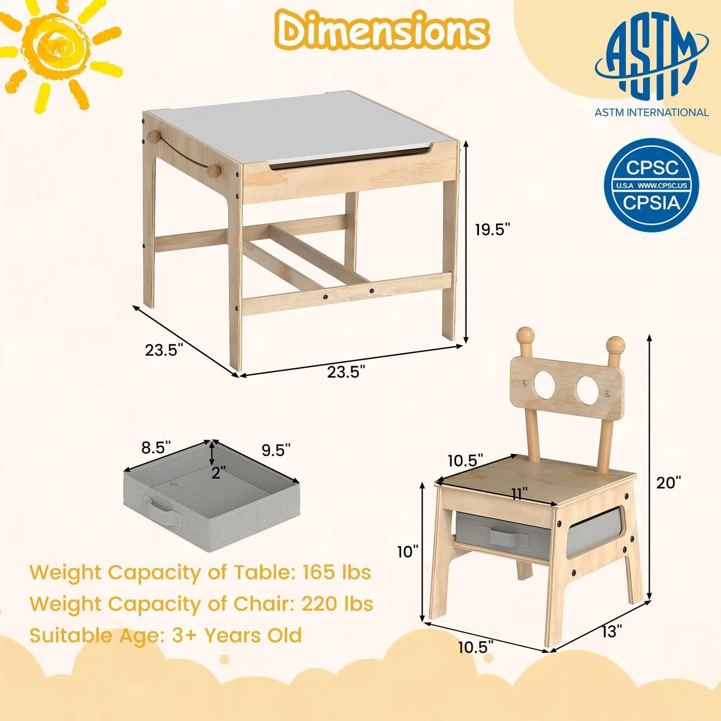 Kids Table and Chair Set Reversible Whiteboard