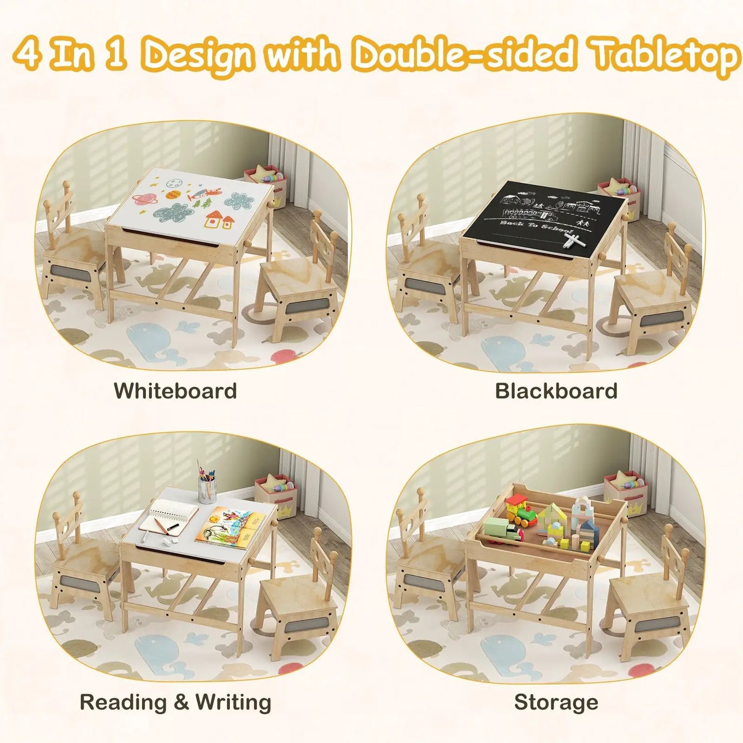 Kids Table and Chair Set Reversible Whiteboard