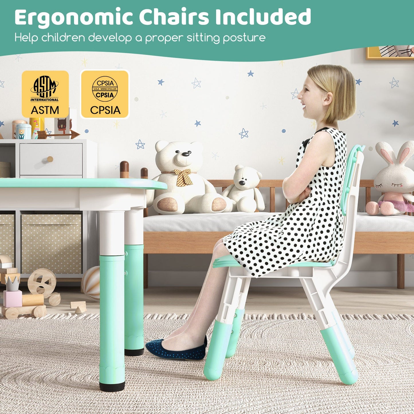 Kids Table and Chairs Set for 4 with Graffiti Desktop
