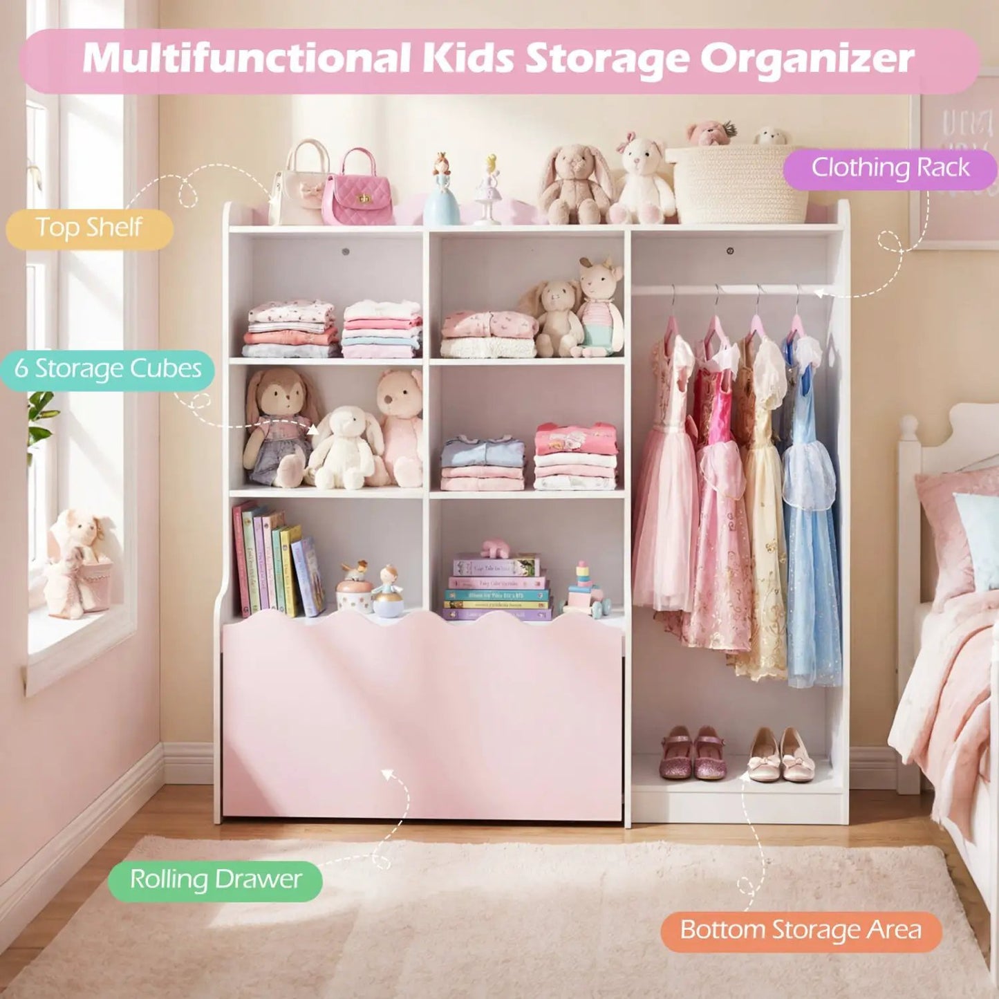 Kids Toy Storage Organizer With Clothing Rack
