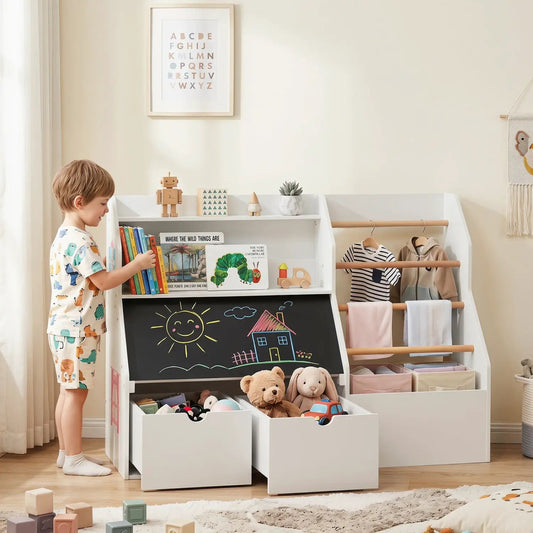 Kids Toy Storage Organizer with Flip-Up Blackboard, white wood, shelves and hanging rod on Tampa Home & Garden Store