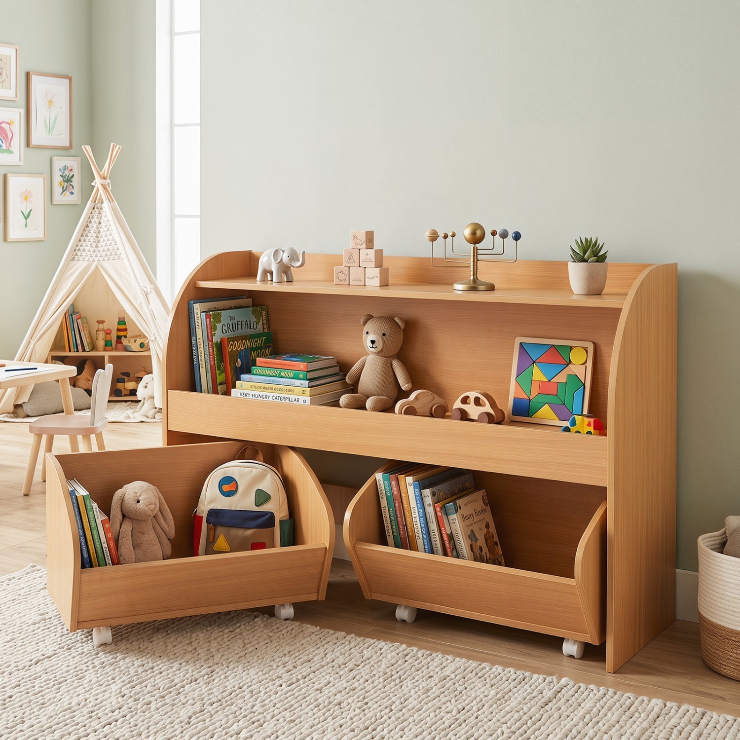 Kids Storage Organizer with Rolling Drawers & Bookshelf in light wood, with books and toys on Tampa Home & Garden Store