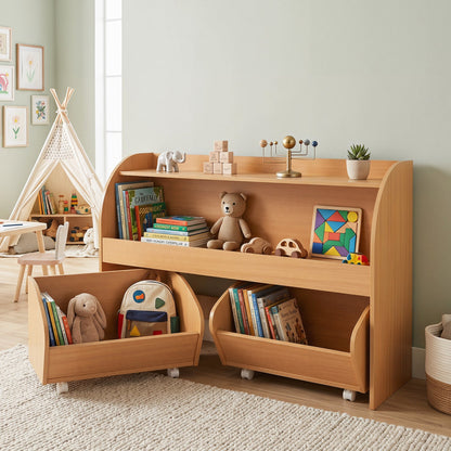 Kids Storage Organizer with Rolling Drawers & Bookshelf in light wood, with books and toys on Tampa Home & Garden Store