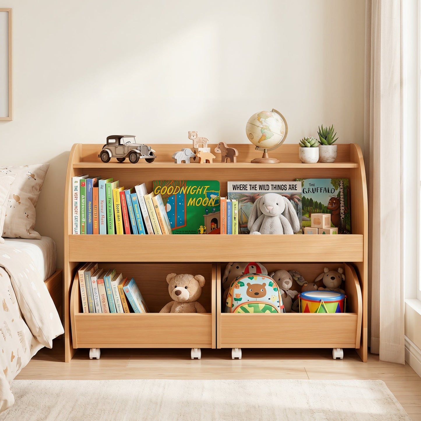 DirectDeals Kids Storage Organizer with Rolling Drawers & Bookshelf in natural wood on Tampa Home & Garden Store