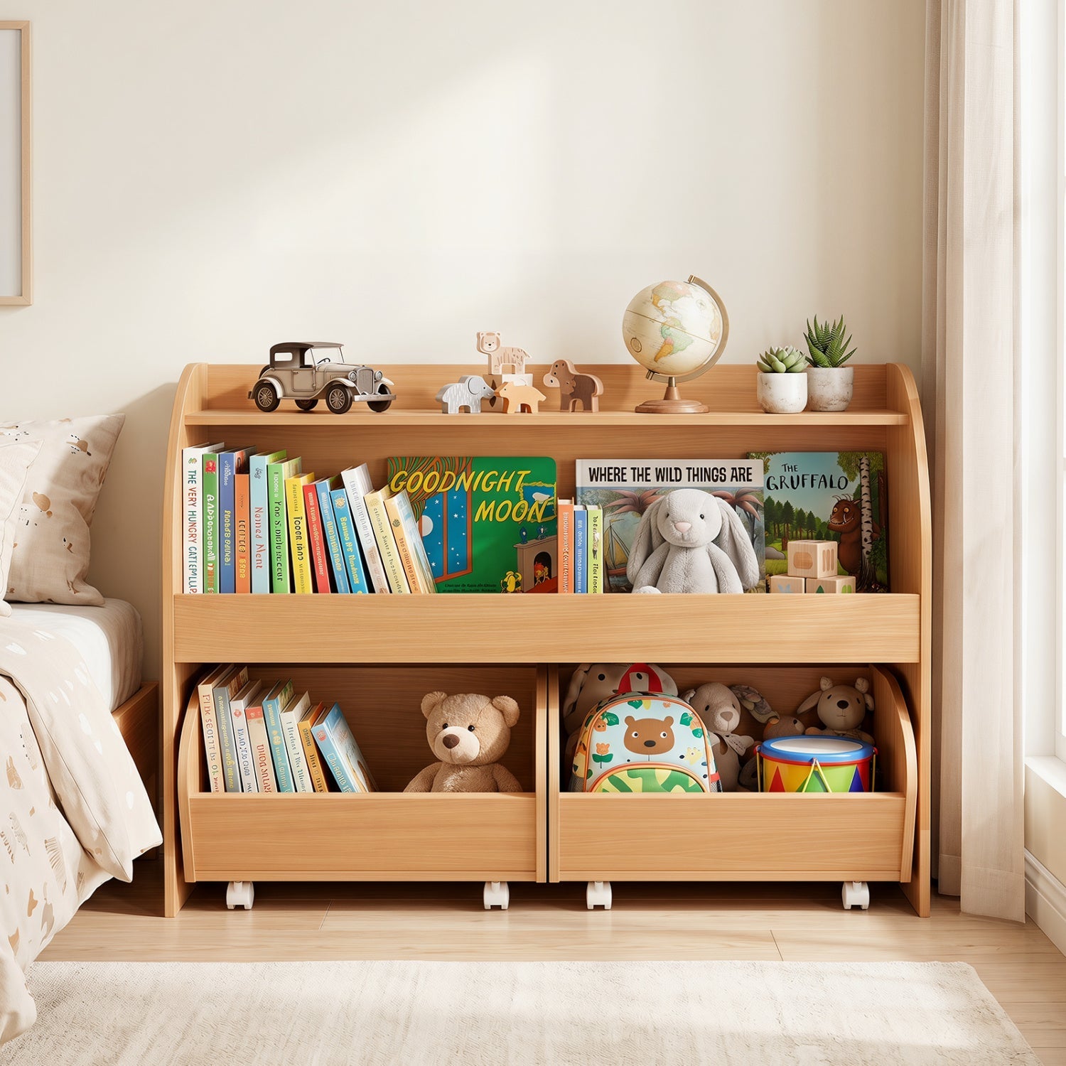 DirectDeals Kids Storage Organizer with Rolling Drawers & Bookshelf in natural wood on Tampa Home & Garden Store