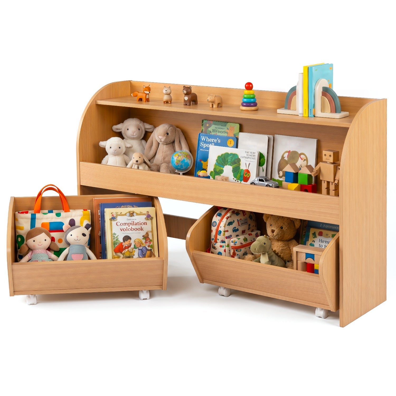Kids Storage Organizer with Rolling Drawers and Bookshelf in natural wood finish on Tampa Home & Garden Store
