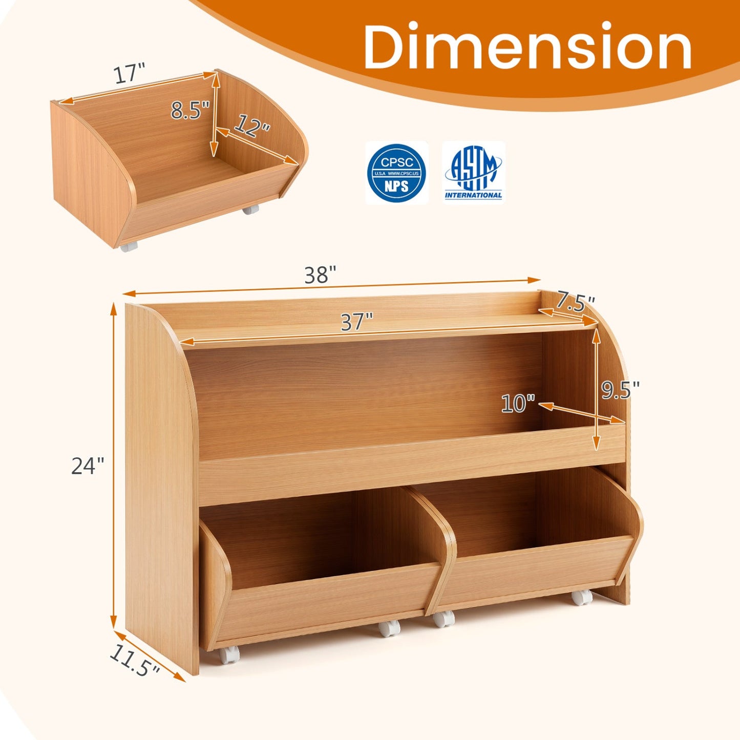 Kids storage organizer with rolling drawers & bookshelf, natural wood, DirectDeals on Tampa Home & Garden Store