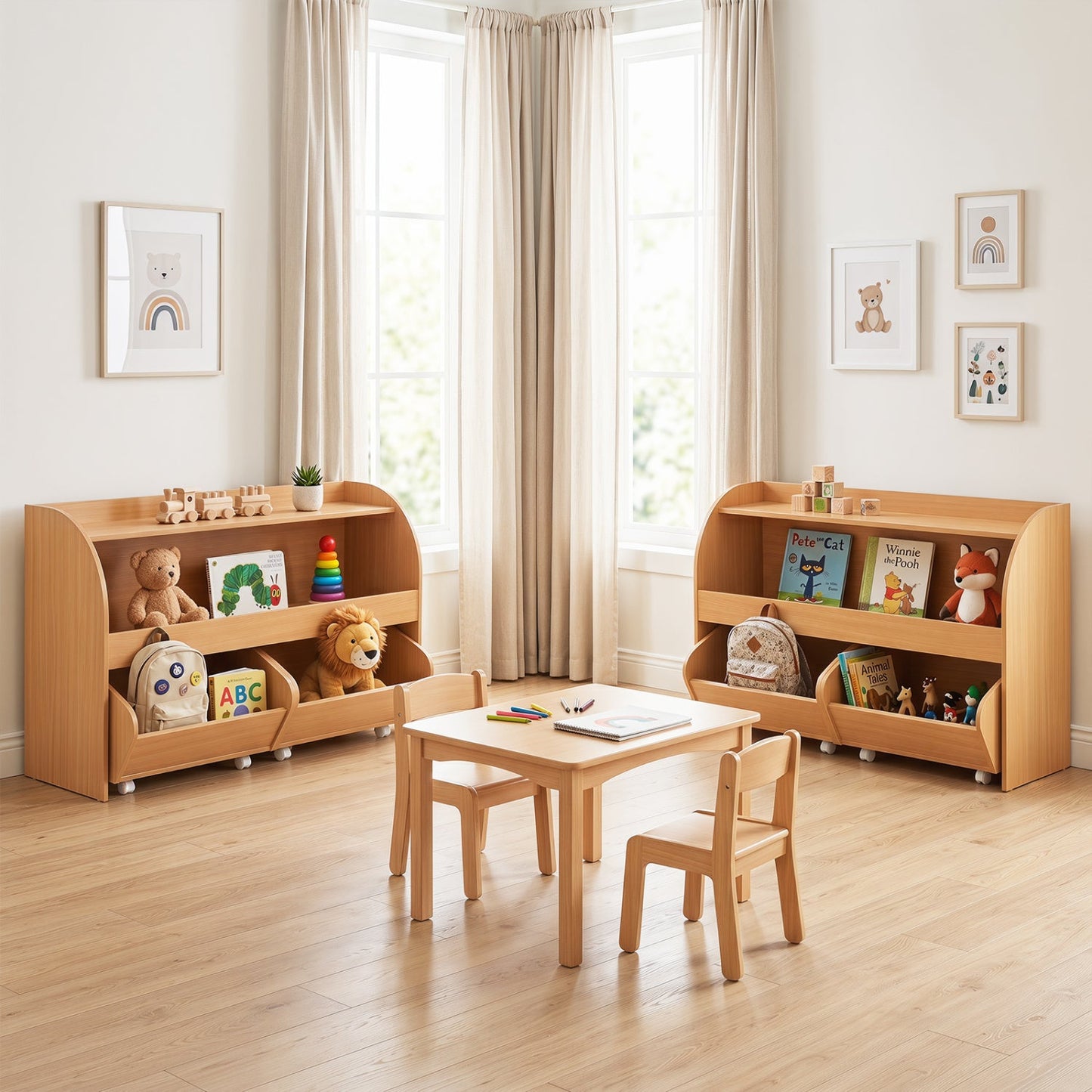 Kids Storage Organizer with Rolling Drawers & Bookshelf in natural wood 2 units DirectDeals on Tampa Home & Garden Store