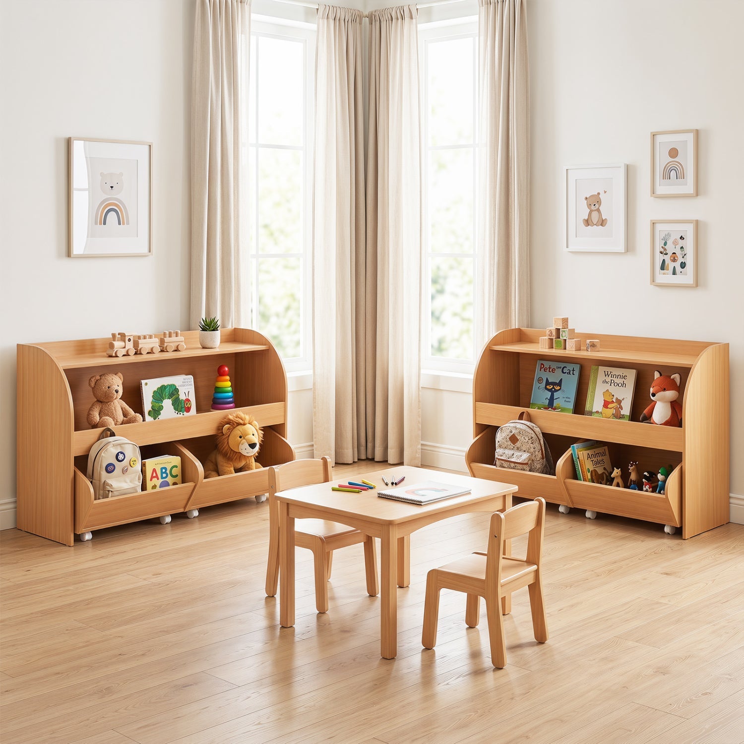 Kids Storage Organizer with Rolling Drawers & Bookshelf in natural wood 2 units DirectDeals on Tampa Home & Garden Store