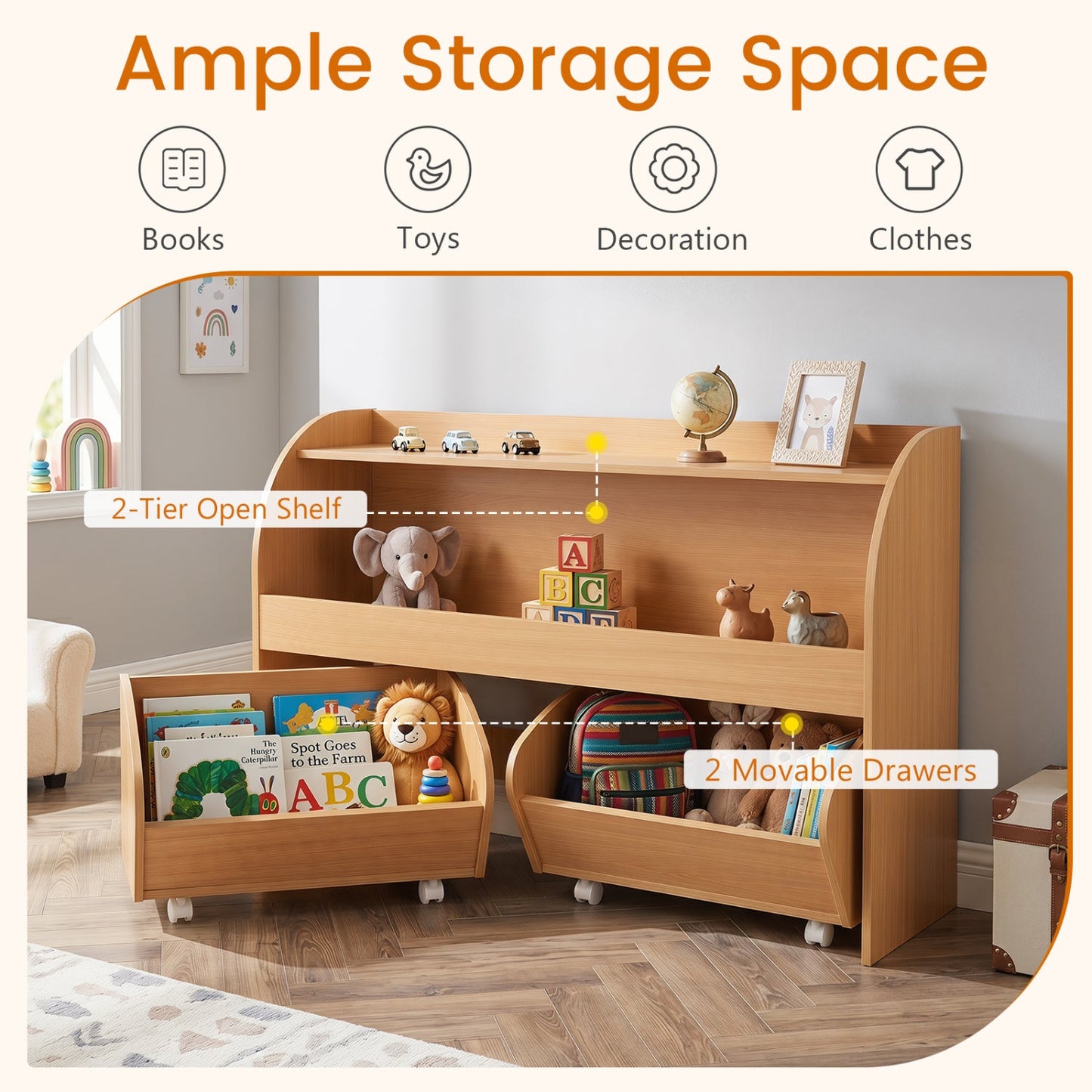 Kids Storage Organizer with Rolling Drawers & Bookshelf in natural wood finish, 2 movable drawers on Tampa Home & Garden Store