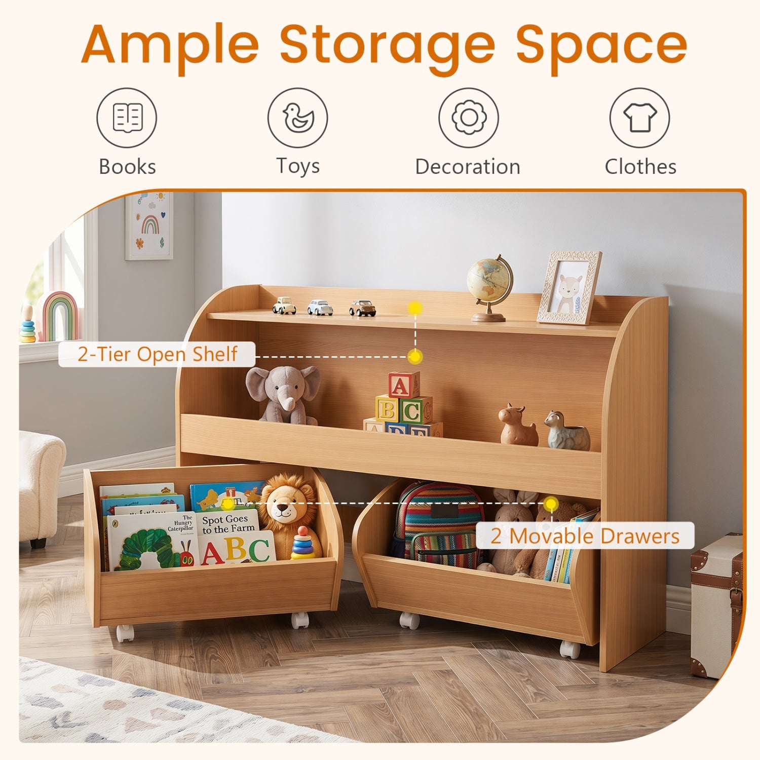 Kids Storage Organizer with Rolling Drawers & Bookshelf in natural wood finish, 2 movable drawers on Tampa Home & Garden Store