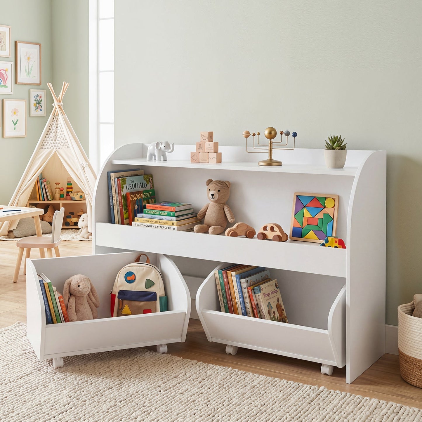 Kids Storage Organizer by DirectDeals with two rolling drawers and bookshelf, white finish on Tampa Home & Garden Store