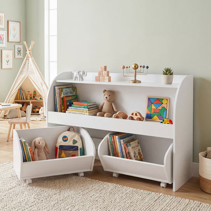 Kids Storage Organizer by DirectDeals with two rolling drawers and bookshelf, white finish on Tampa Home & Garden Store