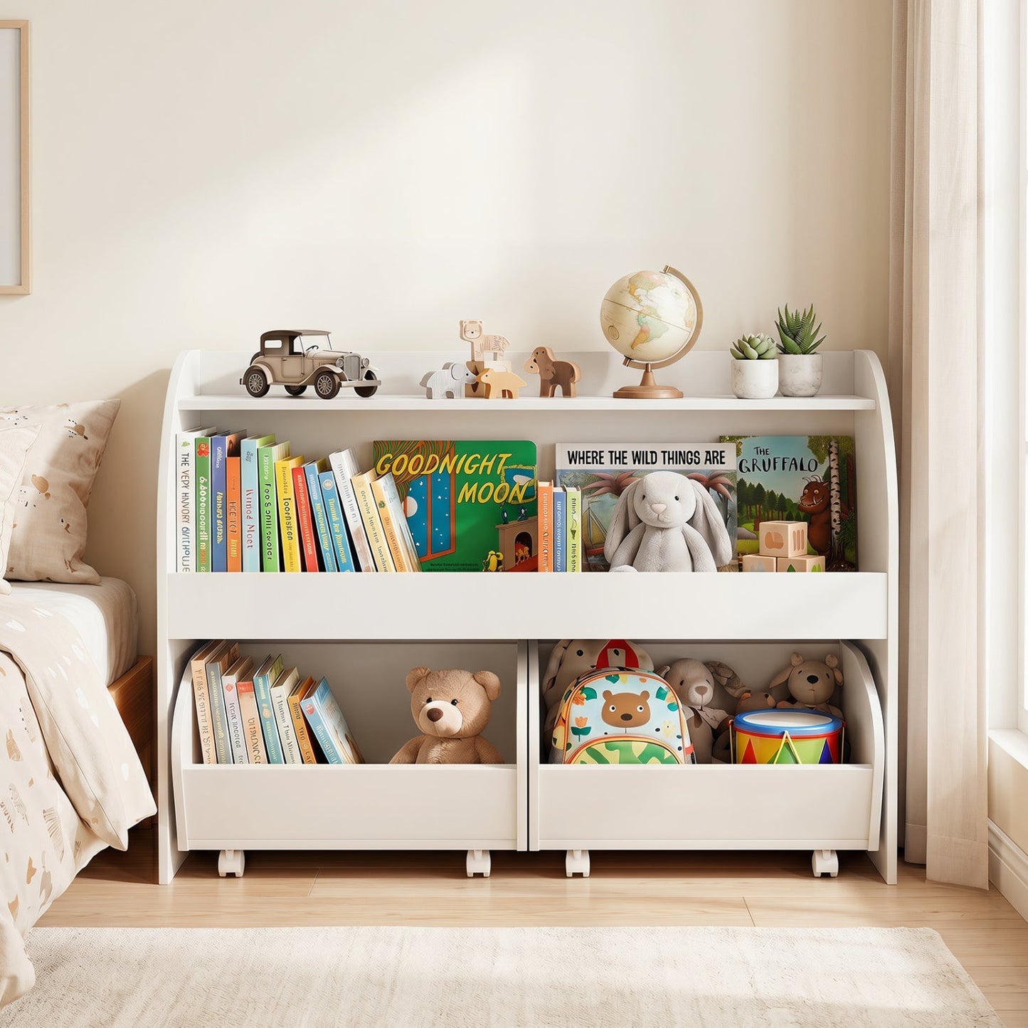 Kids Storage Organizer with Rolling Drawers & Bookshelf in white on Tampa Home & Garden Store