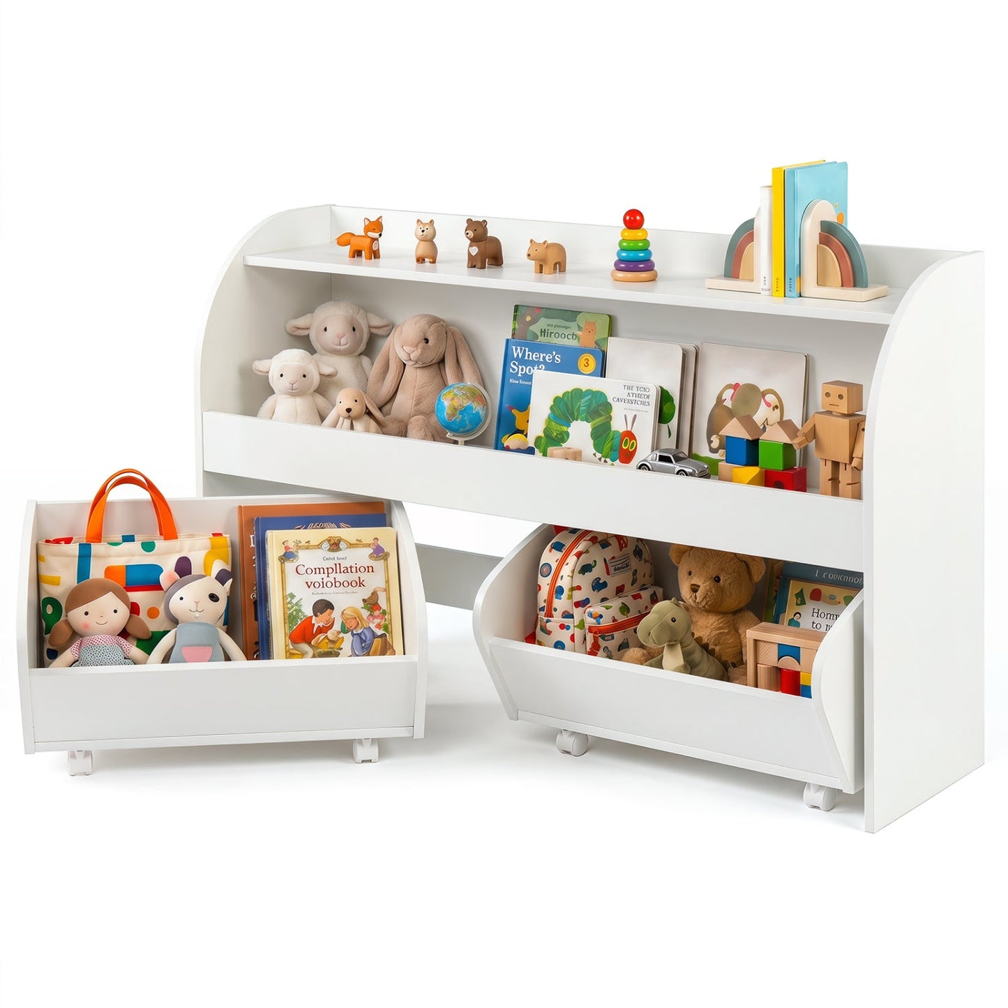 DirectDeals Kids Storage Organizer with Rolling Drawers & Bookshelf, white unit filled with toys on Tampa Home & Garden Store