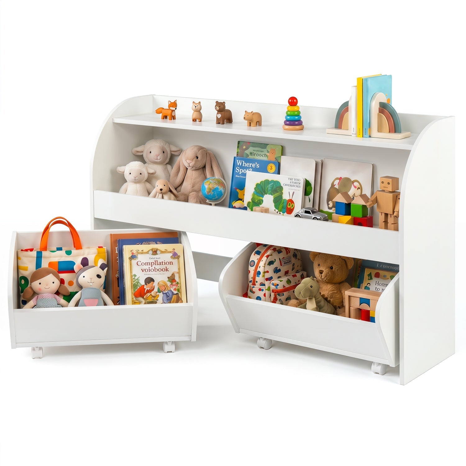 DirectDeals Kids Storage Organizer with Rolling Drawers & Bookshelf, white unit filled with toys on Tampa Home & Garden Store
