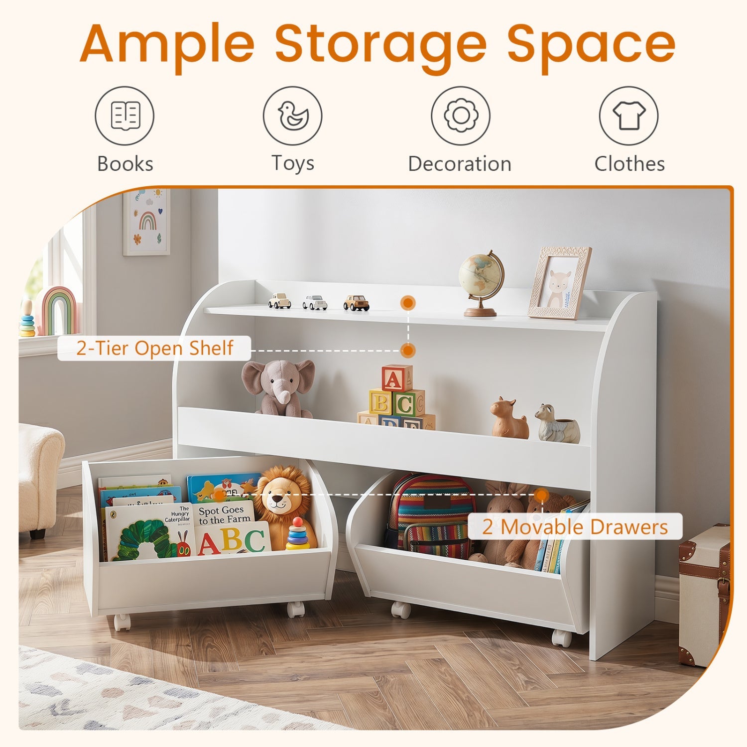 DirectDeals Kids Storage Organizer with rolling drawers and bookshelf, white 2-tier open shelf on Tampa Home & Garden Store