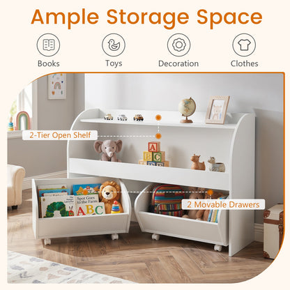 DirectDeals Kids Storage Organizer with rolling drawers and bookshelf, white 2-tier open shelf on Tampa Home & Garden Store