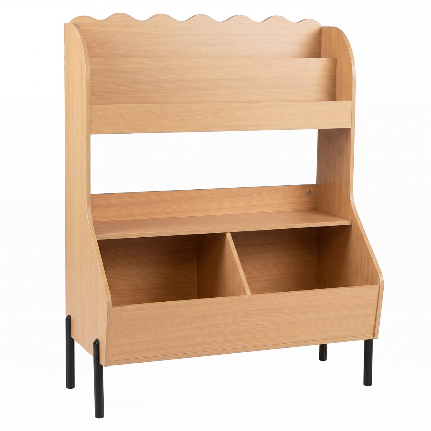 Kids toy storage organizer with bookshelf and bin compartments in natural wood scalloped top on Tampa Home & Garden Store