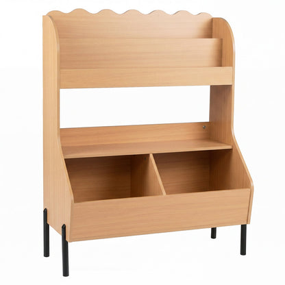 Kids toy storage organizer with bookshelf and bin compartments in natural wood scalloped top on Tampa Home & Garden Store