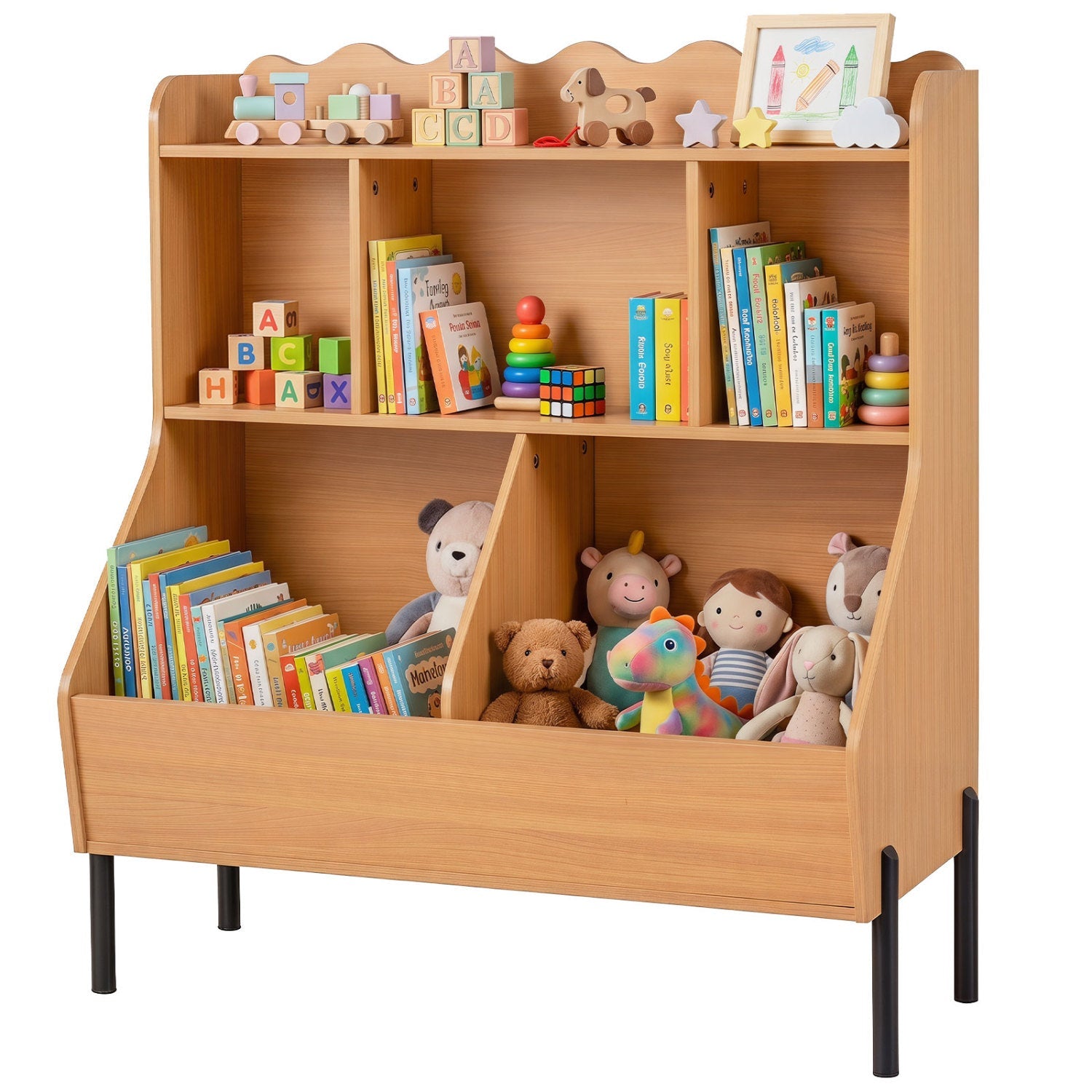Kids Toy Storage Organizer with 5 Cubes and Bookshelf, wooden oak finish, DirectDeals on Tampa Home & Garden Store