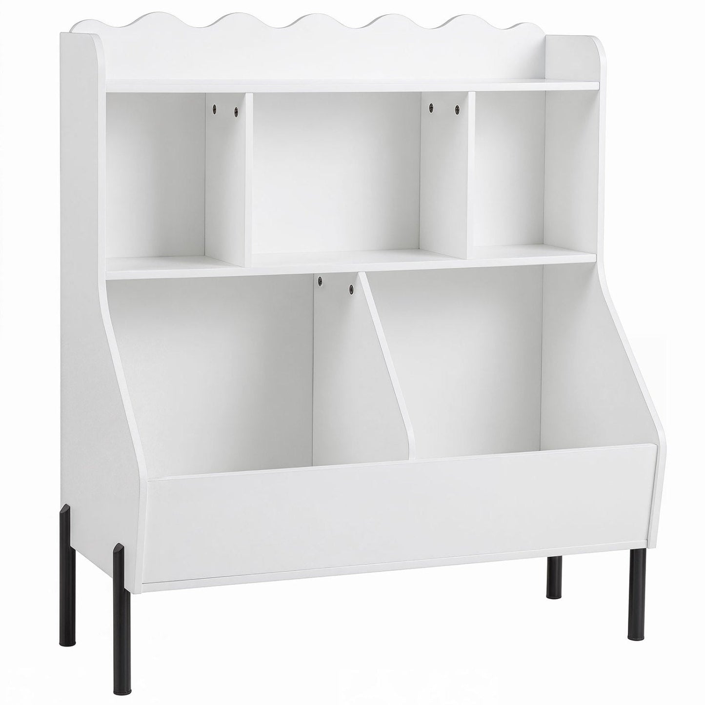 Kids toy storage organizer with 5 cubes and bookshelf, white finish, black legs on Tampa Home & Garden Store