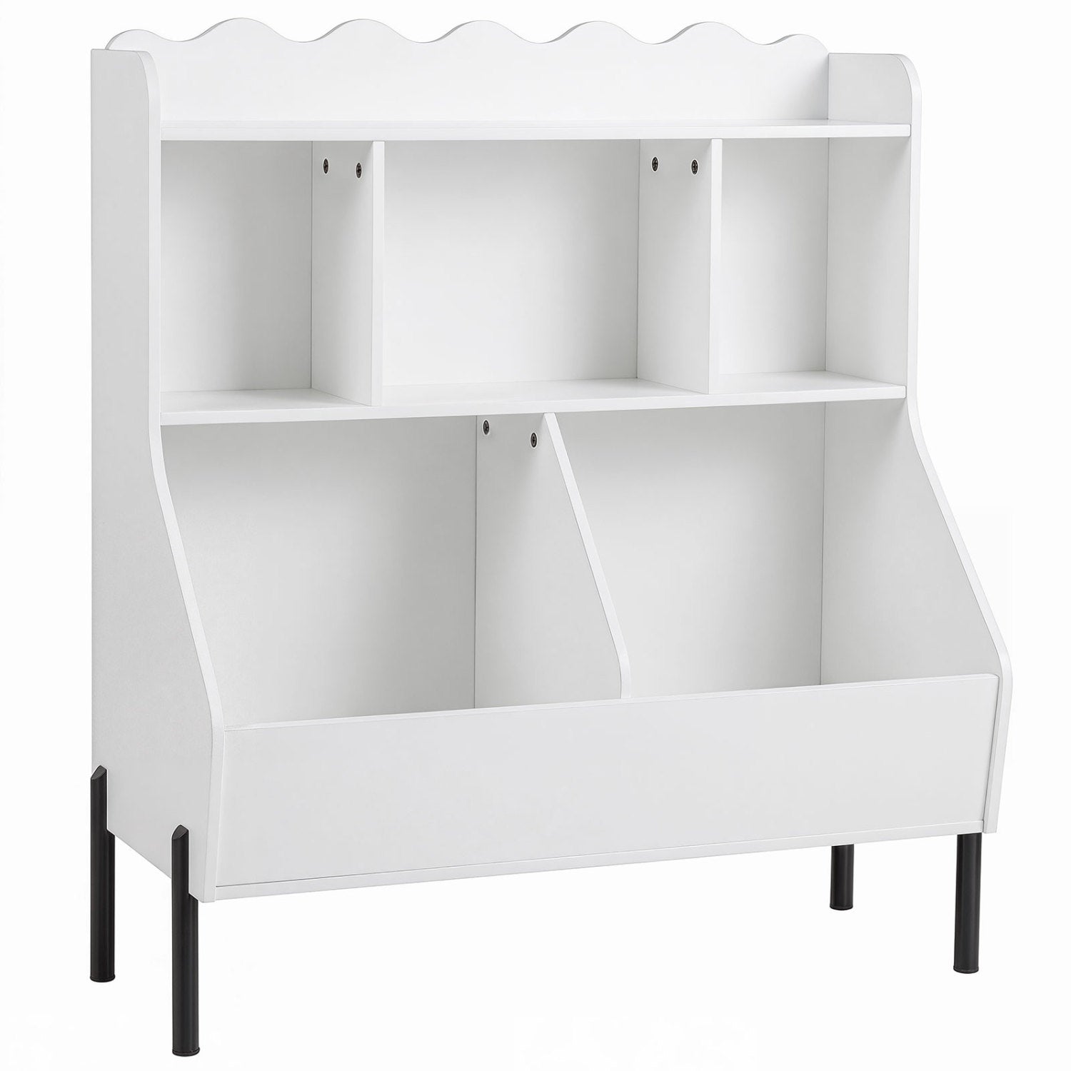 Kids toy storage organizer with 5 cubes and bookshelf, white finish, black legs on Tampa Home & Garden Store