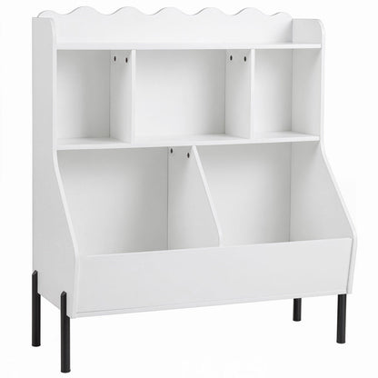 Kids toy storage organizer with 5 cubes and bookshelf, white finish, black legs on Tampa Home & Garden Store