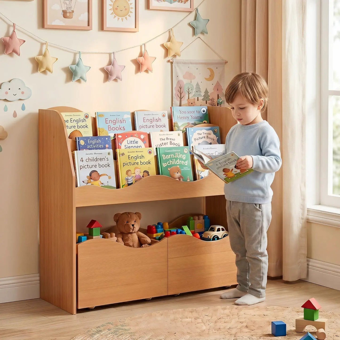 Kids Storage Organizer with Drawers and Bookshelf