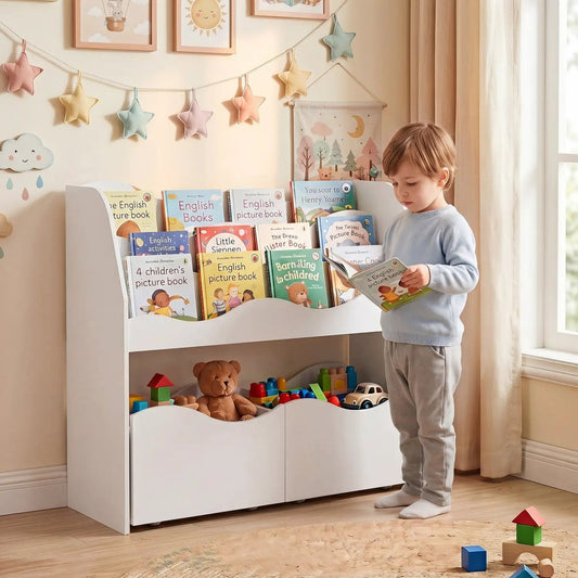 Kids Storage Organizer with rolling drawers and bookshelf white finish for books and toys on Tampa Home & Garden Store