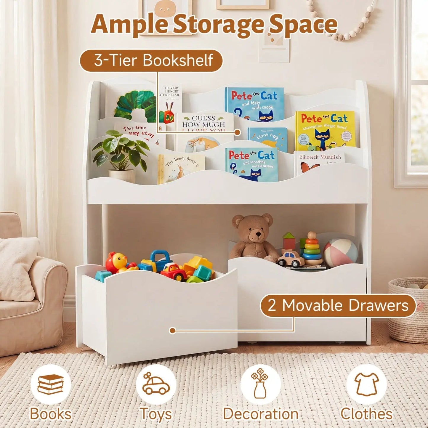 Kids Storage Organizer with Drawers and Bookshelf
