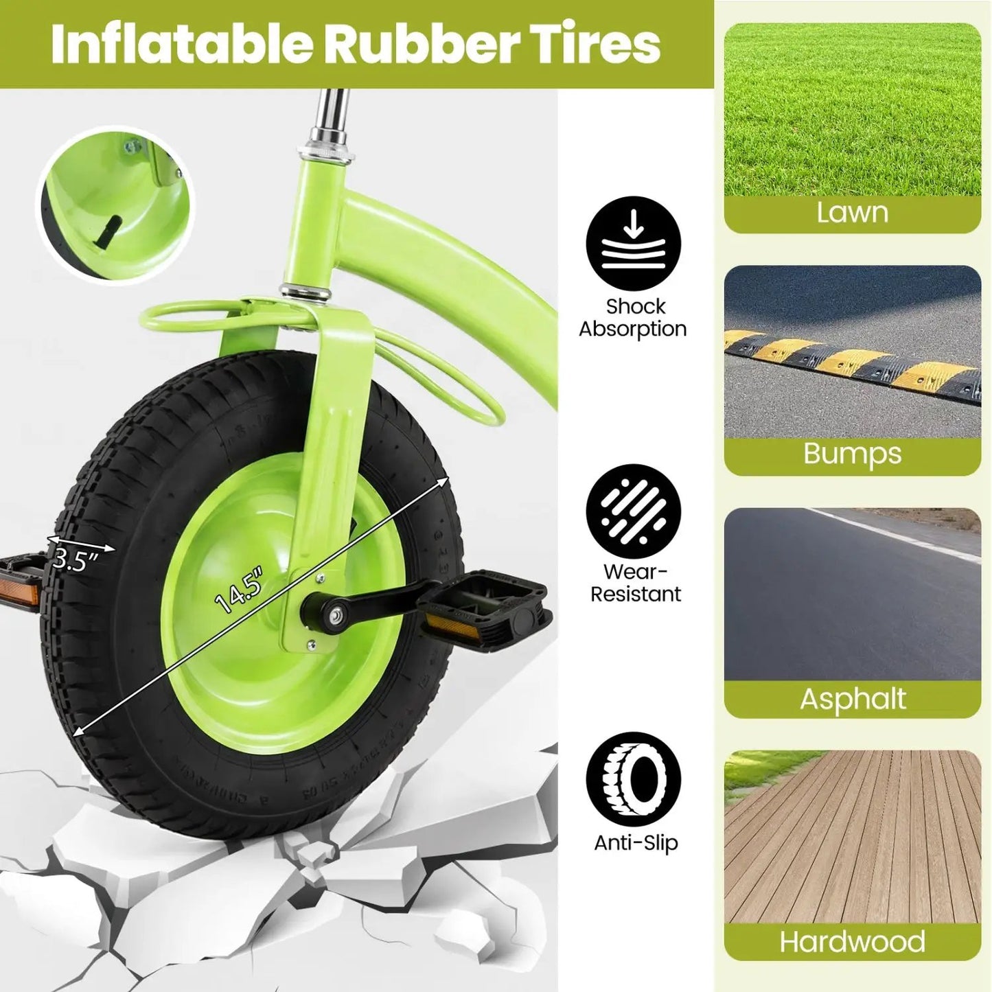 Kids Tricycle With 15-Inch Inflatable Rubber Tires