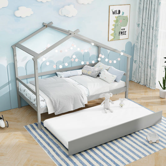 Kids Twin Size House Bed with Trundle and Roof-Gray - Tampa Home & Garden Store